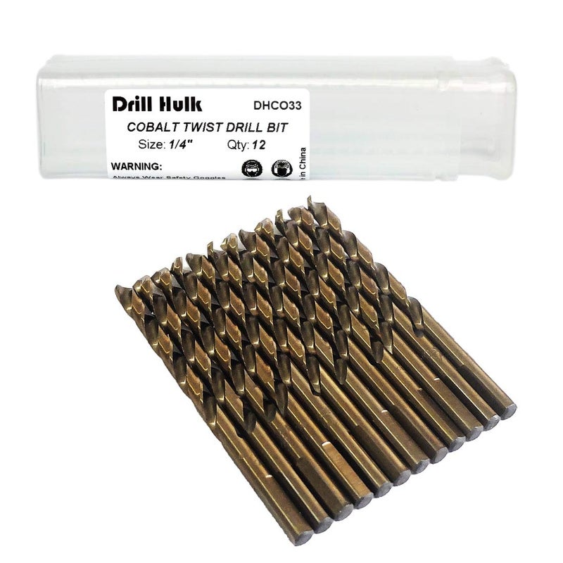 Drill Hulk 1/4-Inch Cobalt Steel M35 Jobber Length Twist Drill Bits for Hard Metal, Stainless Steel, Pack of 12 - Image 1